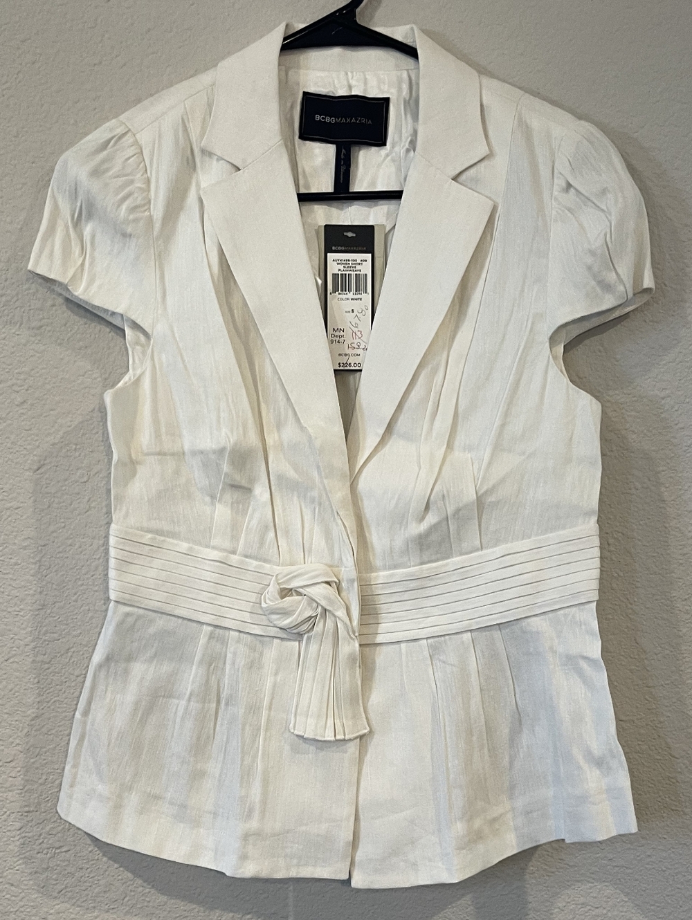 NWT BCBGMAXAZRIA Vintage Y2K White Woven Short Sleeve Plainweave Blazer Small
